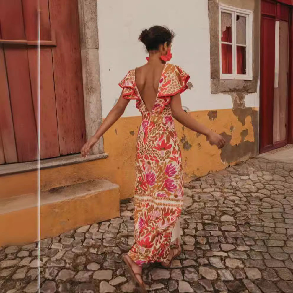 Floral Backless V-Neck Dress with Flounce Detail