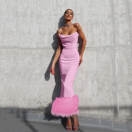 Elegant Feather-Trimmed Maxi Dress