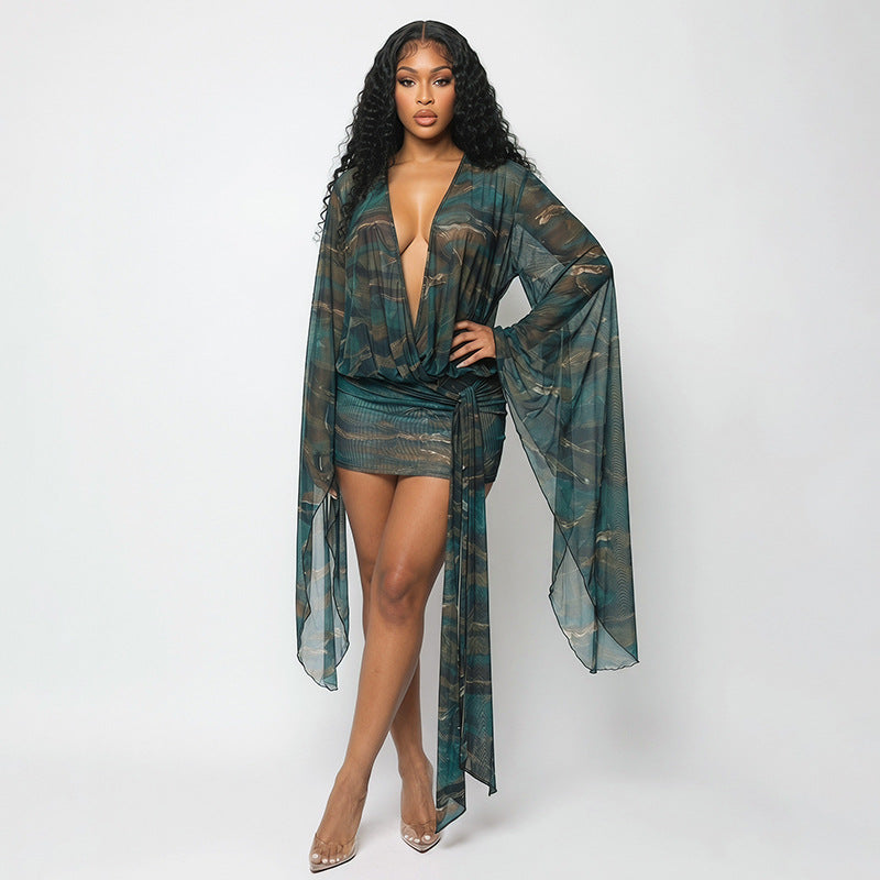 Deep V-Neck Printed Bodycon Mini Dress - Long Sleeve Backless Ruched Asymmetric Party Dress