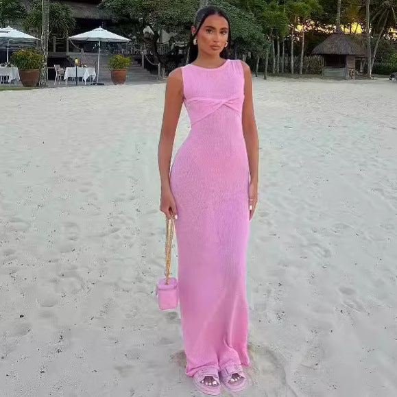 Elegant Pink Cotton Maxi Dress | Sleeveless Twisted Front