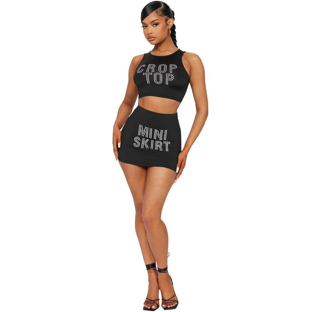 Women’s Sleeveless Crop Top & Mini Skirt Set – Graphic Rhinestone Summer Two-Piece Outfit