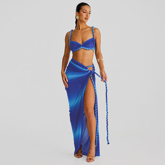 Women's Summer Bandeau Top & Side Slit Maxi Skirt Set
