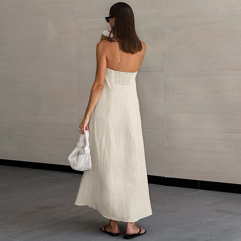 French Khaki Cotton Linen Tube Top Backless Maxi Dress