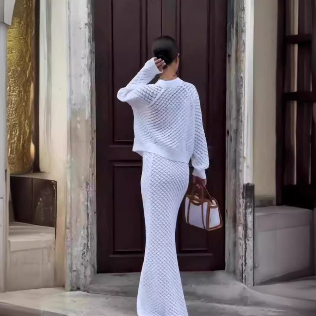 Elegant Pure White Hollow-Out V-Neck Two-Piece Midi Skirt Set for Women