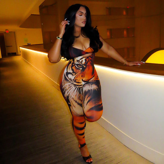 Women’s Tiger Print Jumpsuit – Sleeveless V-Neck Slim Fit, Full Length