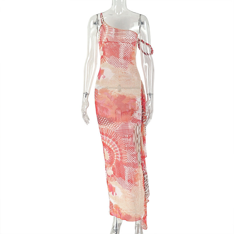 Red One Shoulder Ruffle Maxi Dress | Asymmetric Bodycon