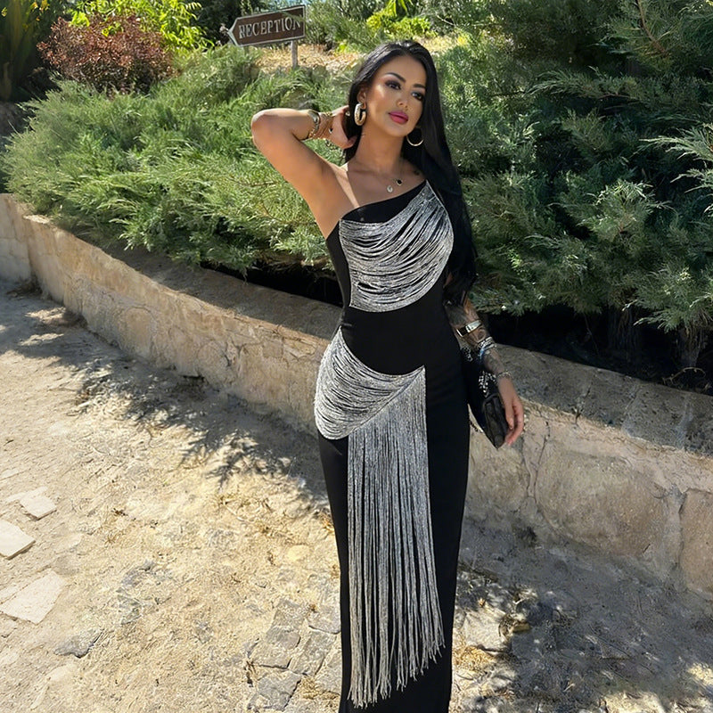 Black One-Shoulder Fringe Tassel Maxi Dress - Asymmetric Bodycon Party Dress