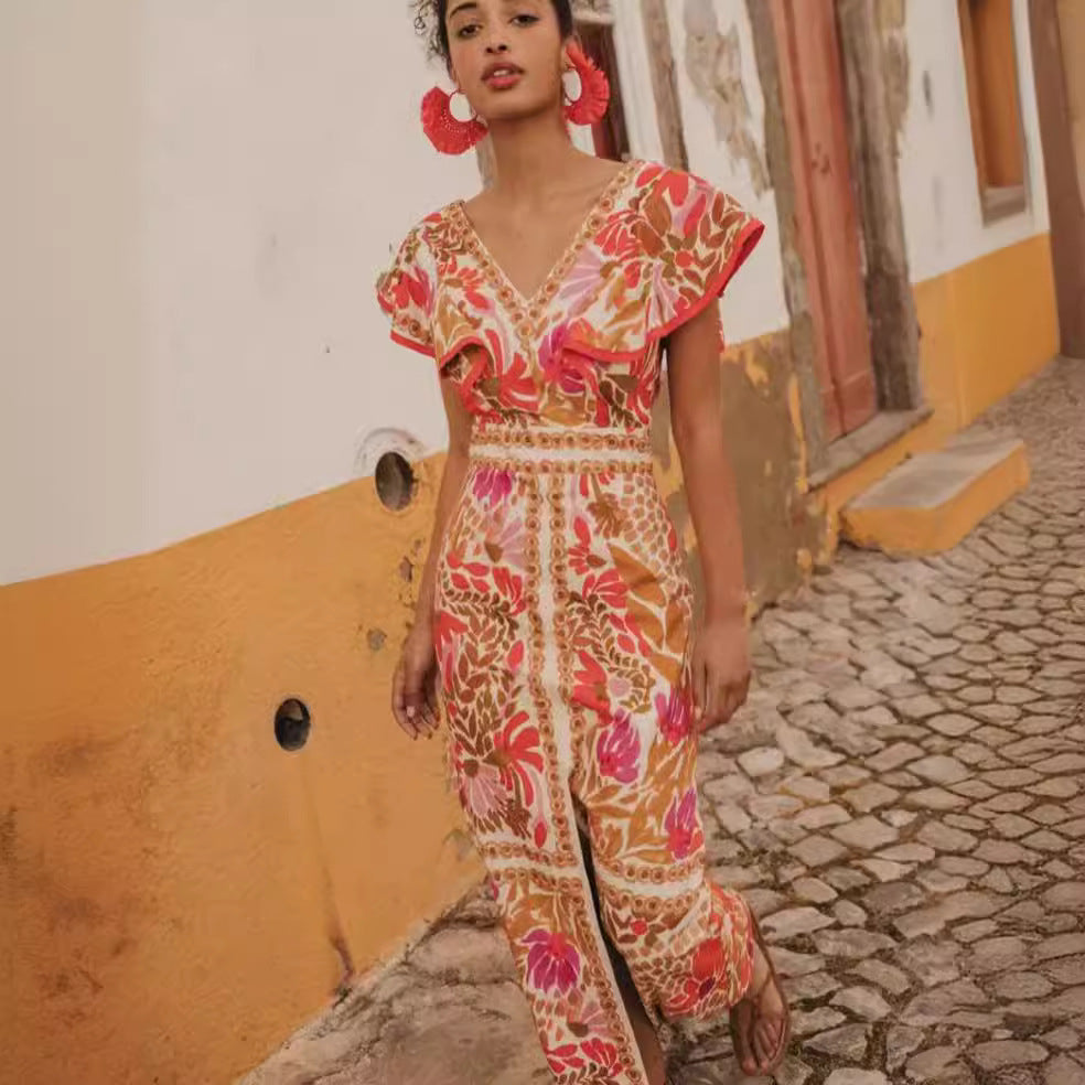 Floral Backless V-Neck Dress with Flounce Detail