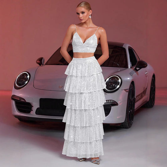 Sequin Camisole & Ruffle Maxi Skirt Set – Summer Elegance