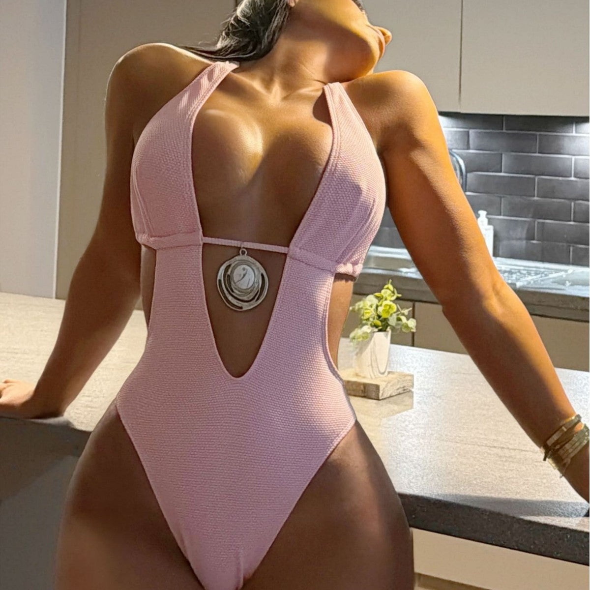 Women's Deep V Plunge Backless Ruffle One-Piece Swimsuit