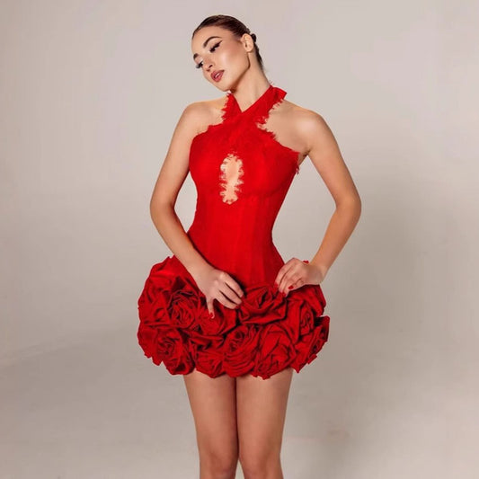 Red Floral Bandage Mini Dress: Halter Backless Lace Trim
