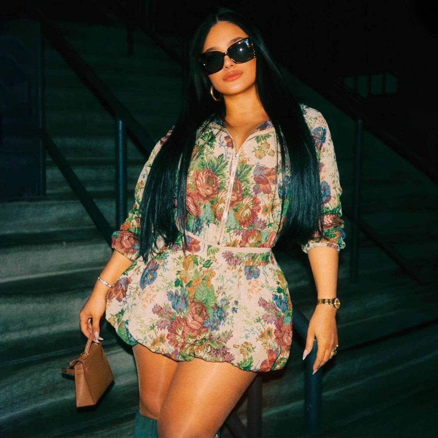 Jacquard Two Piece Skirt Set: Long Sleeve Zipper Top & Bodycon Mini Skirt