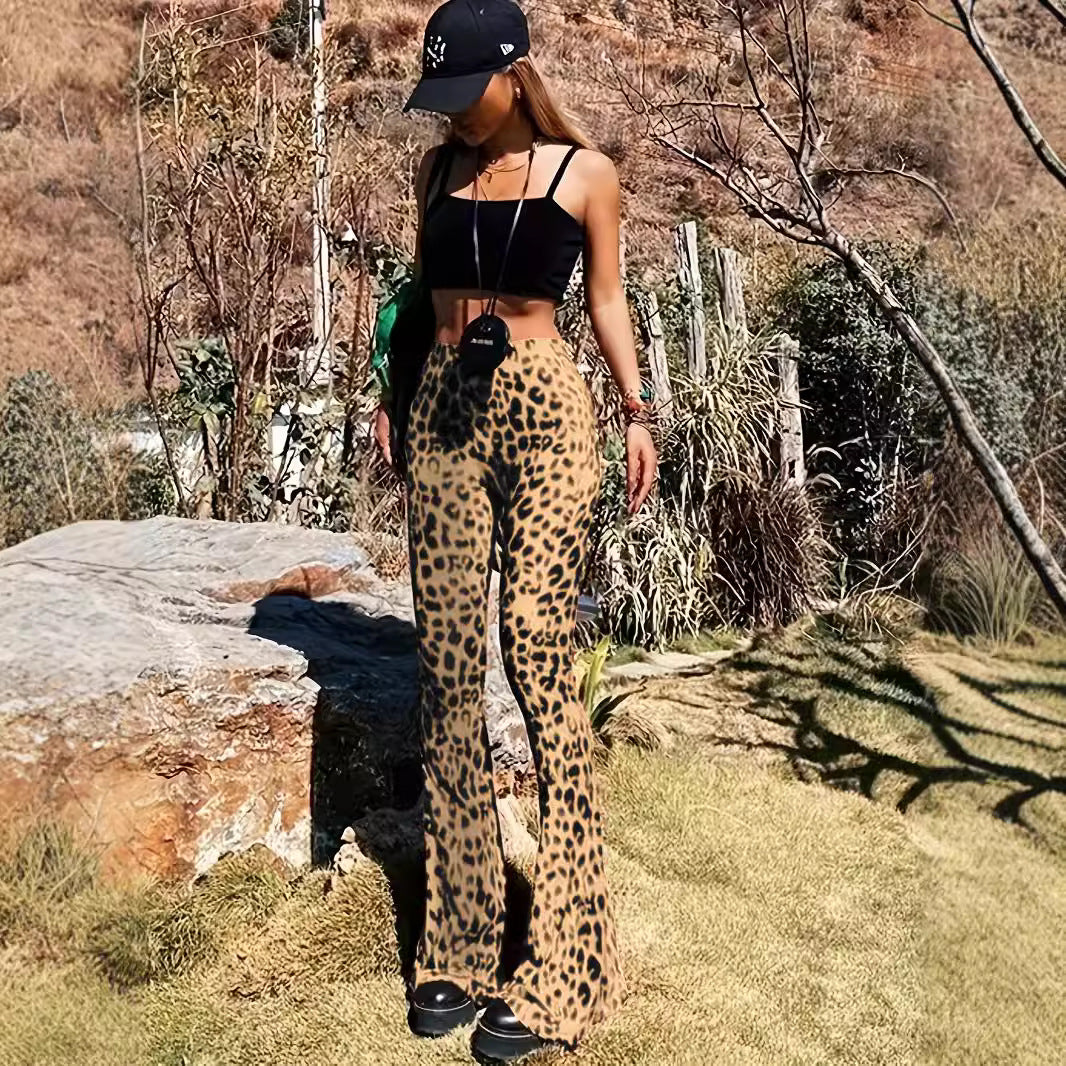 Leopard Print Bell Bottom Pants for Women: High-Waist Skinny Fit Flares