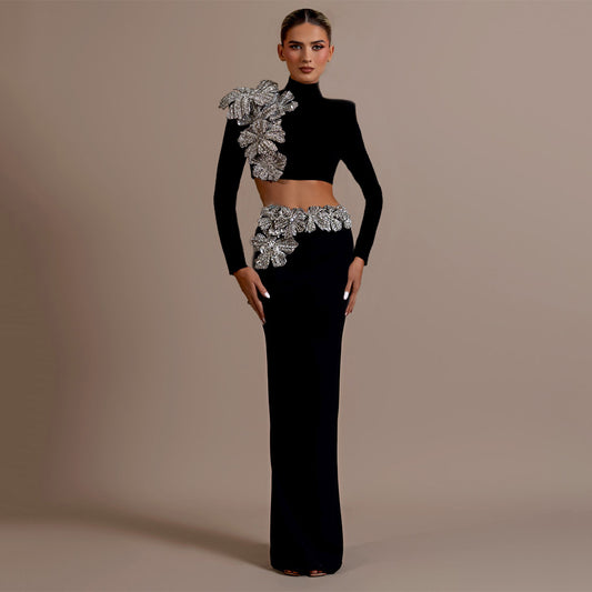 Luxury Black Half-Turtleneck Long Sleeve Bandage Skirt Set - Two Piece Bodycon