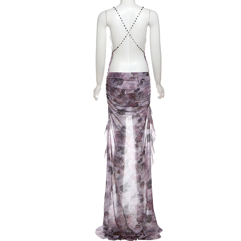 Sexy Backless Cowl Neck Slip Dress – High Low Printed Maxi with Metal Chain