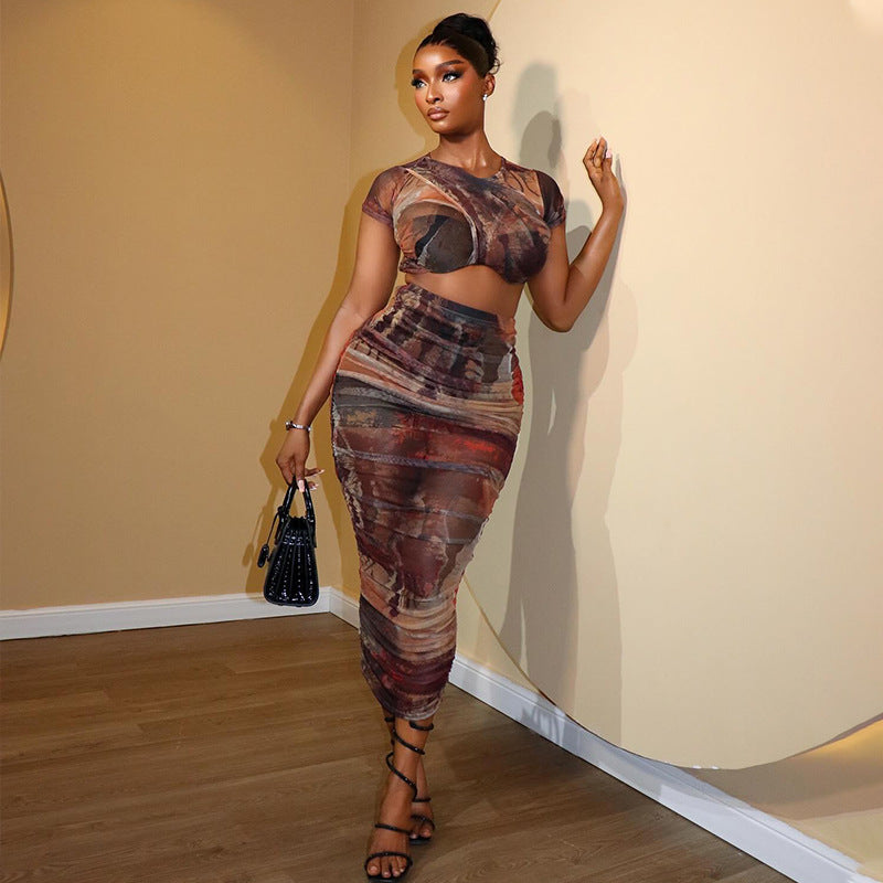 Abstract Print Crop Top & Midi Skirt Set - Short Sleeve Ruched Crew Neck 2-Piece Set