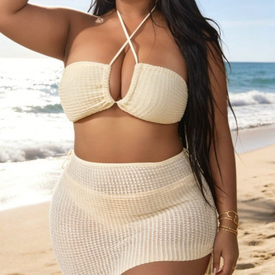 Plus Size Cross Halter Tie Bikini & Overskirt Three-Piece Set | Boho Beach Swimsuit | Ivory | Sizes 0XL-4XL