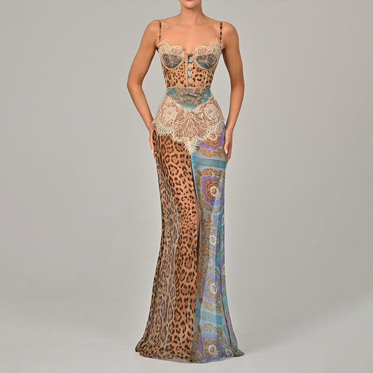 Sexy Animal Print Maxi Cami Dress for Women – Split Tube Top Bodycon with Lace and Boning Detail