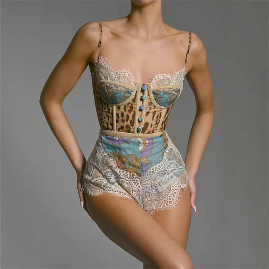 Lace Suspender Jumpsuit - Animal Print V-Neck Romper