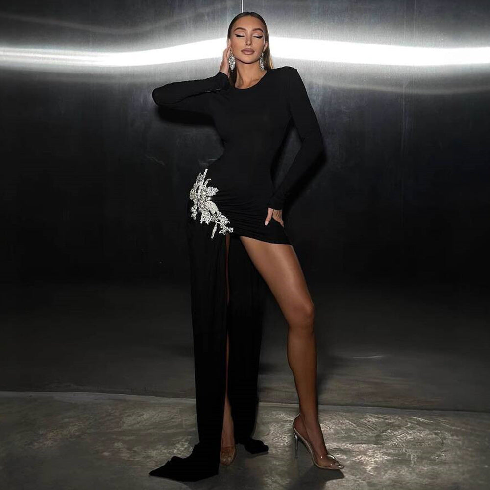 'Diamond' Black Mesh Panel Bodycon Dress: Long Sleeve Sheath
