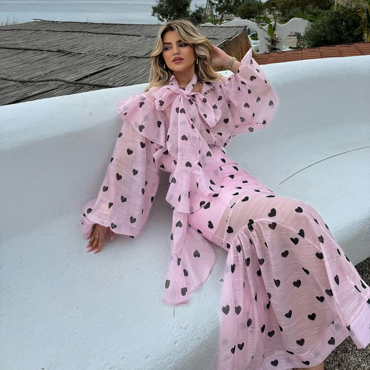 Women’s Three Piece Skirt Set – Elegant Heart Print Top and Maxi Skirt