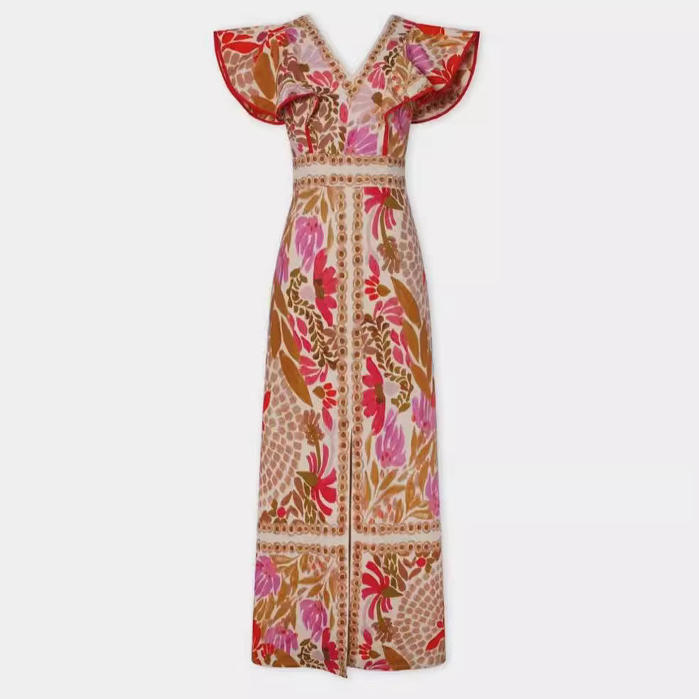 Floral Backless V-Neck Dress with Flounce Detail