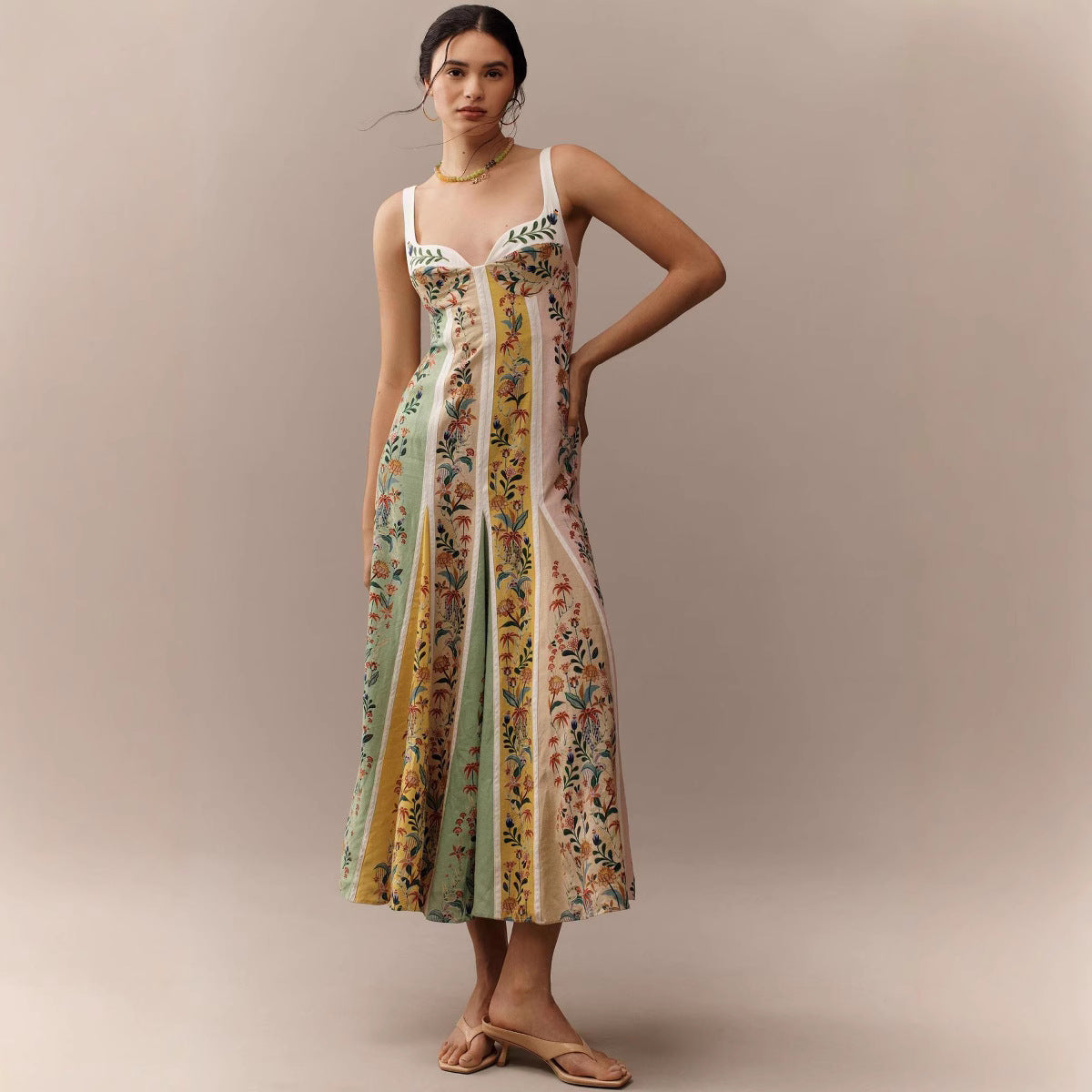 Floral Linen Maxi Dress - Suspender Strap V-Neck Vacation Dress