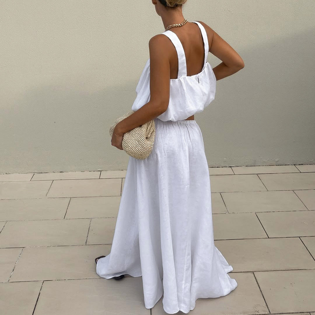 Cotton Square Neck Crop Vest & Maxi Skirt Two-Piece Set | Sleeveless Elegant Summer Set | White | Sizes S-L
