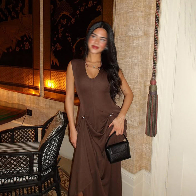 Brown Elegant Pleated V-Neck Maxi Dress