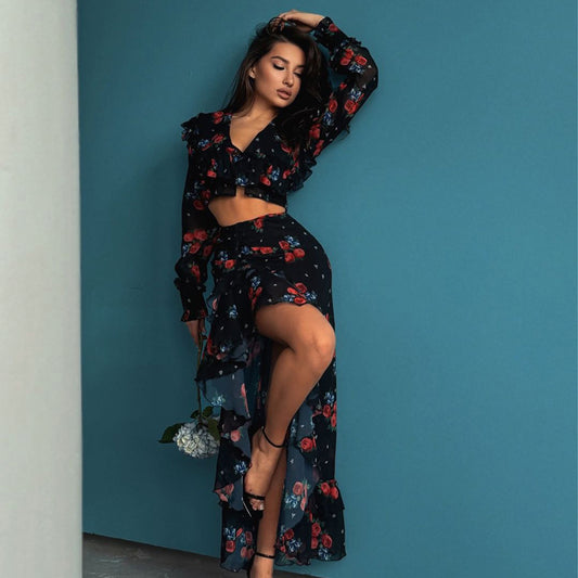 Women's Sexy Digital Print Skirt Suit: Long Sleeve Top & High Slit Skirt Set