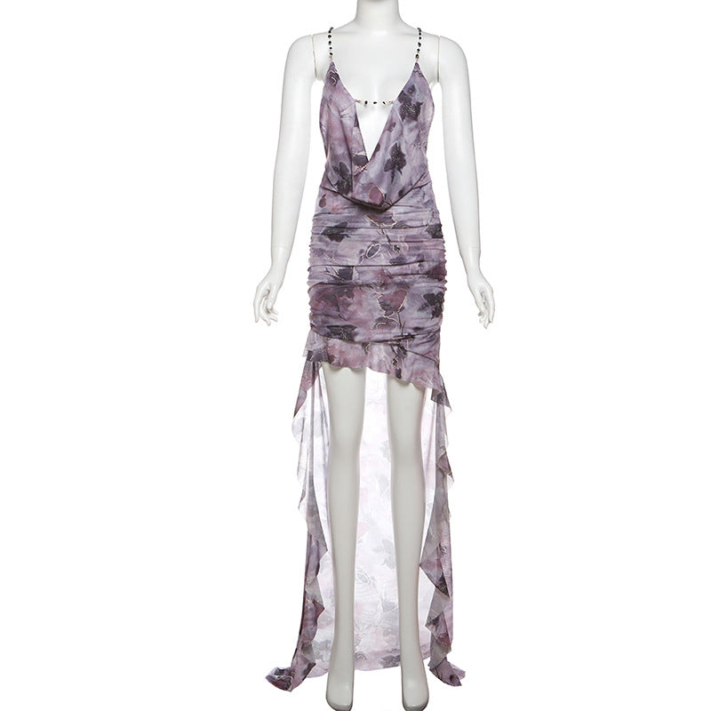 Sexy Backless Cowl Neck Slip Dress – High Low Printed Maxi with Metal Chain