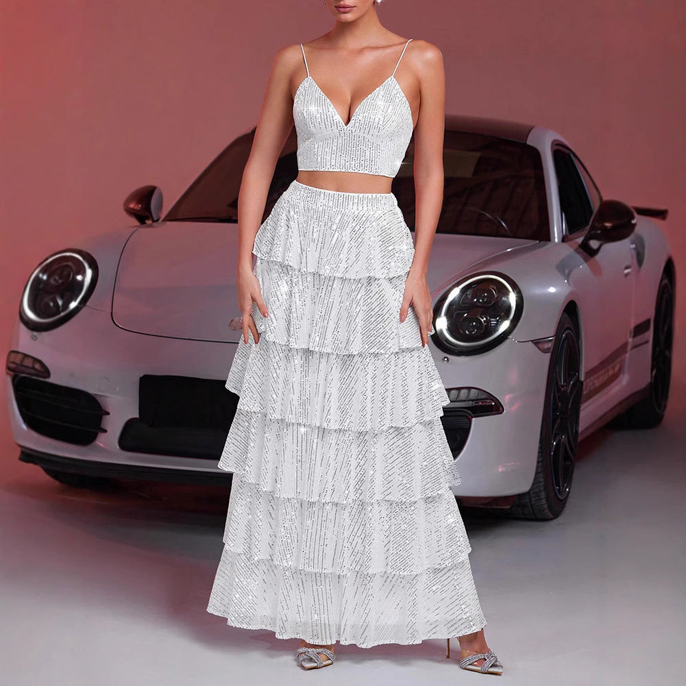 Sequin Camisole & Ruffle Maxi Skirt Set – Summer Elegance