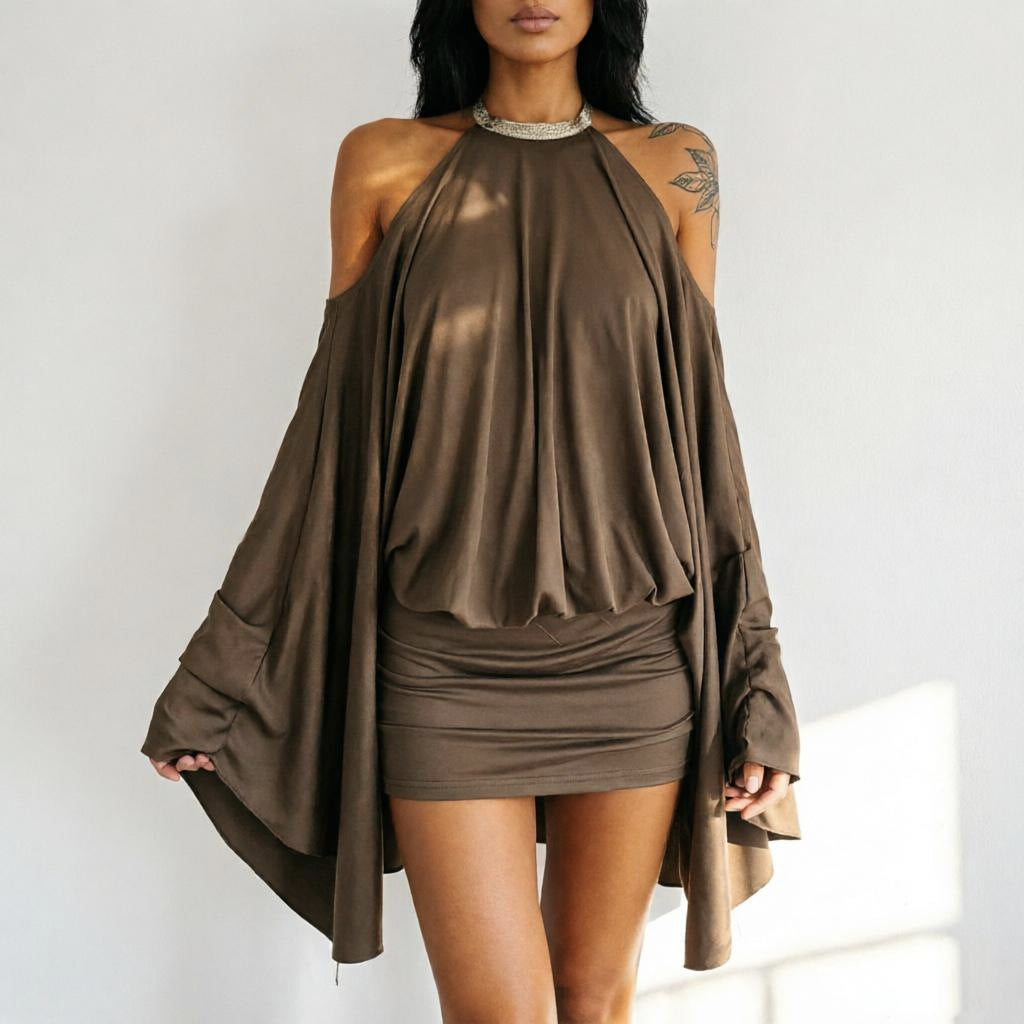 Brown Off-Shoulder Batwing Mini Dress | Backless Asymmetric Cutout | London's Closet London's Closet Boutique Brown Off-Shoulder Batwing Mini Dress | Backless Asymmetric Cutout | London's Closet London's Closet Boutique