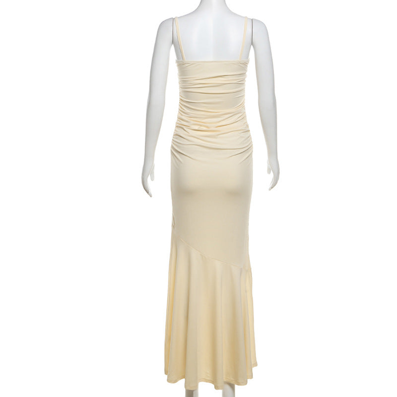 Elegant Lace Patchwork Cami Maxi Dress – Ruched V-Neck Bodycon Gown