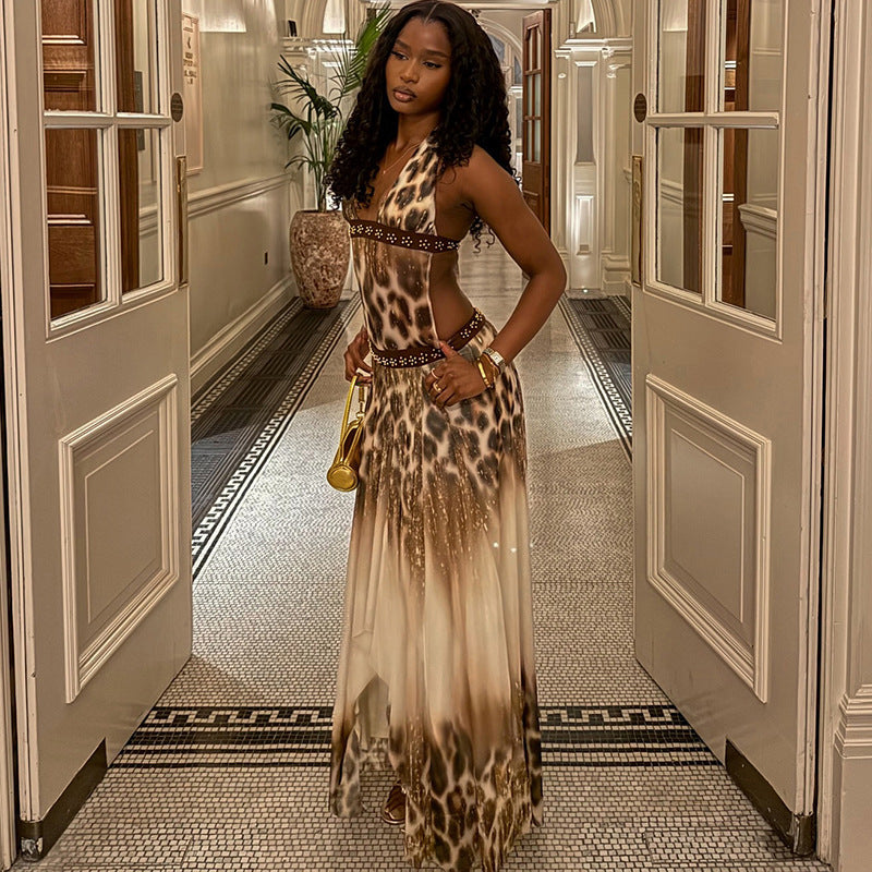 Brown Animal Print Halter Maxi Dress - Backless Tie Strap A-Line Vacation Dress