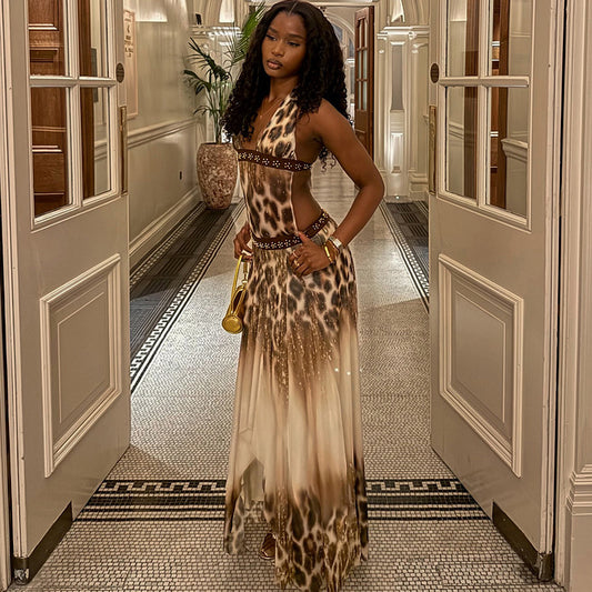 Brown Animal Print Halter Maxi Dress - Backless Tie Strap A-Line Vacation Dress