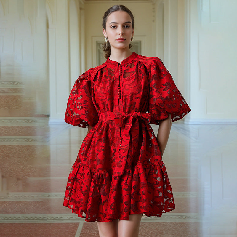 🌸 Camille Printed Lace-Up A-Line Dress