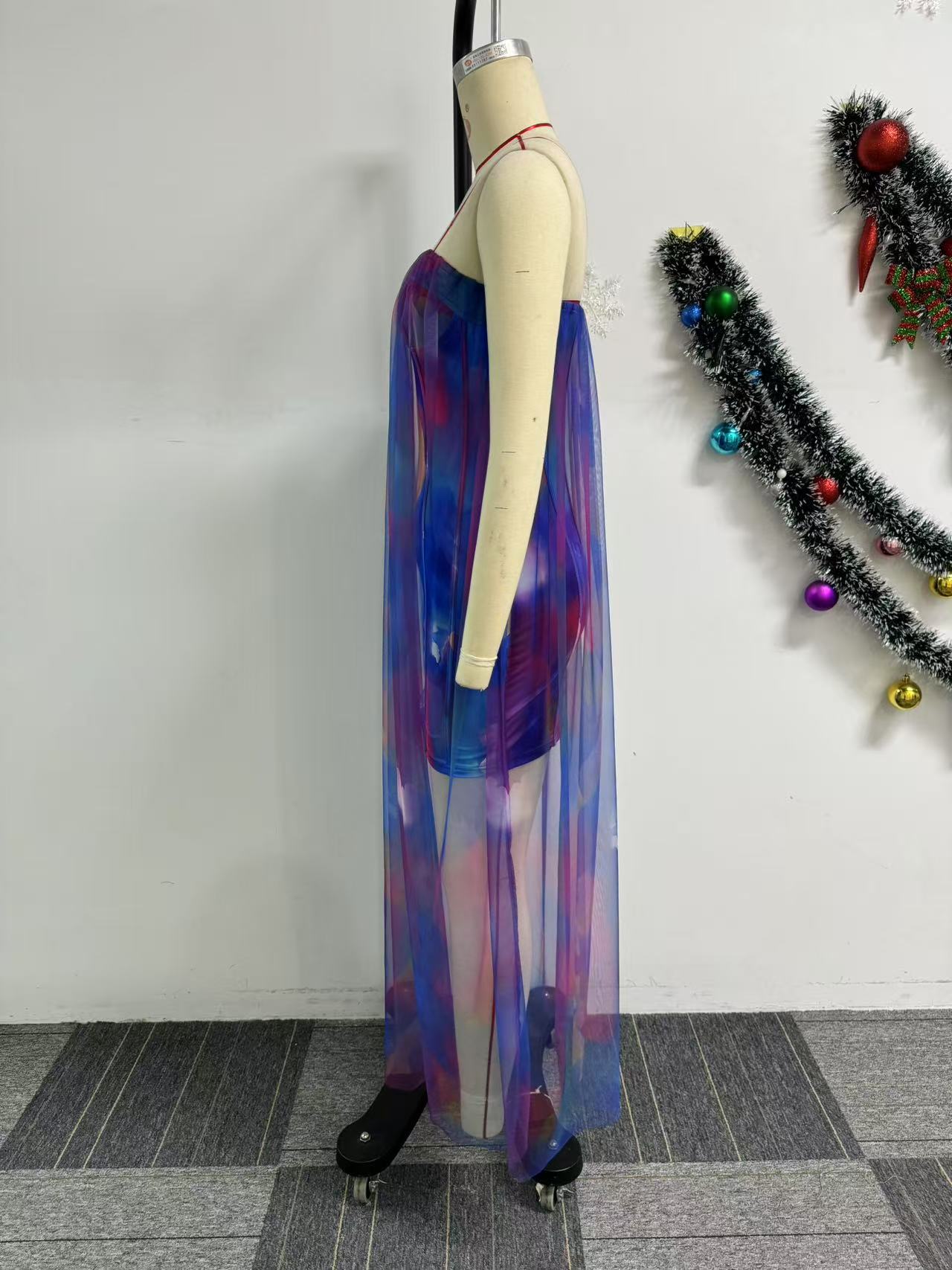 Strapless Mesh Bodycon Maxi Dress – Digital Print & Boning Detail