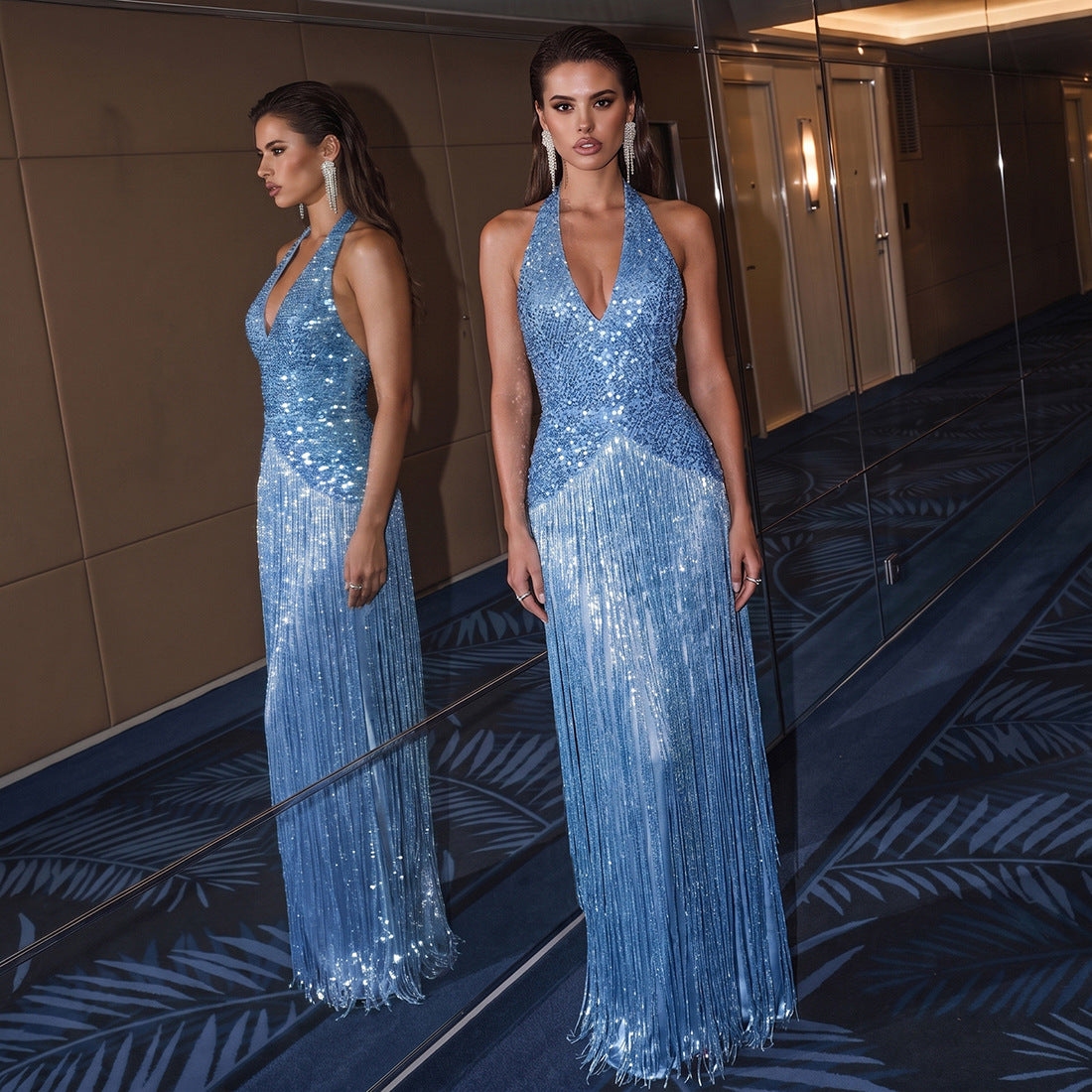 Women's Sequin Fringe Halter Maxi Dress – Sexy Backless Bodycon Formal Dress