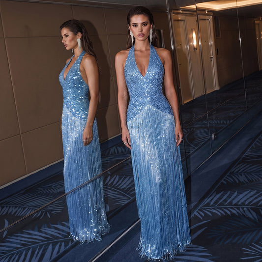 Women's Sequin Fringe Halter Maxi Dress – Sexy Backless Bodycon Formal Dress