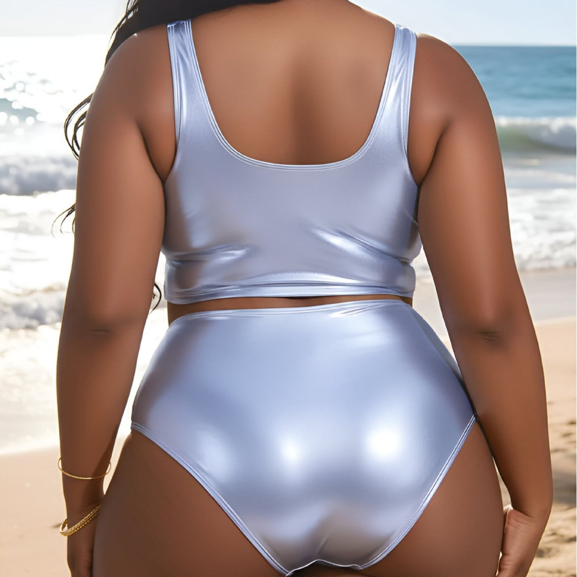 Plus Size Metallic Silver Back Split Bikini Set | Bronzing Vest Swimsuit | Sizes 0XL-4XL