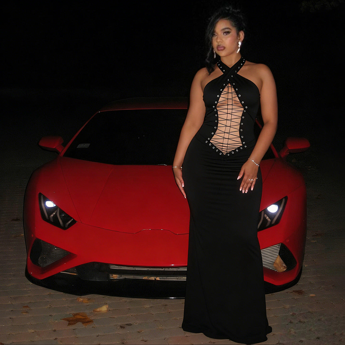Black Halter Lace-Up Cutout Backless Maxi Dress - Cross Strap Bodycon Formal Dress