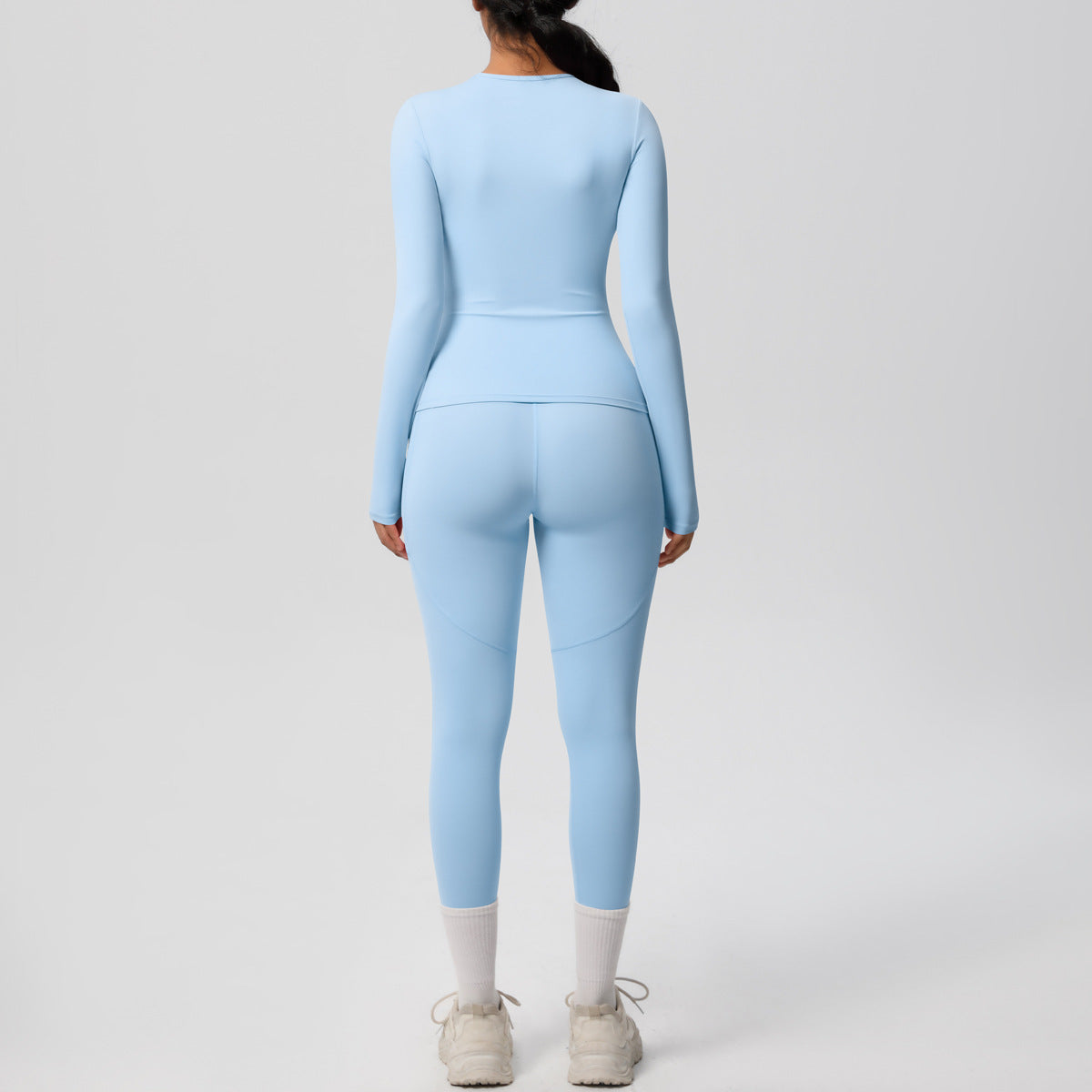 Sanding Solid Color Tight Training Long Sleeve Pocket Yoga Clothes Set Sports Running Fitness Two Piece Set
