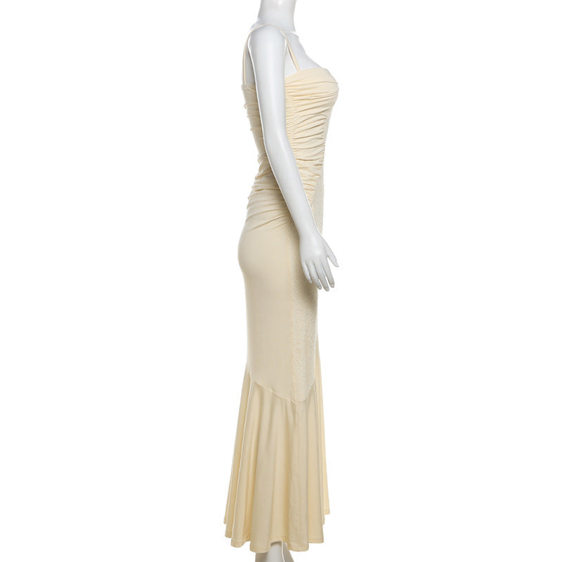 Elegant Lace Patchwork Cami Maxi Dress – Ruched V-Neck Bodycon Gown