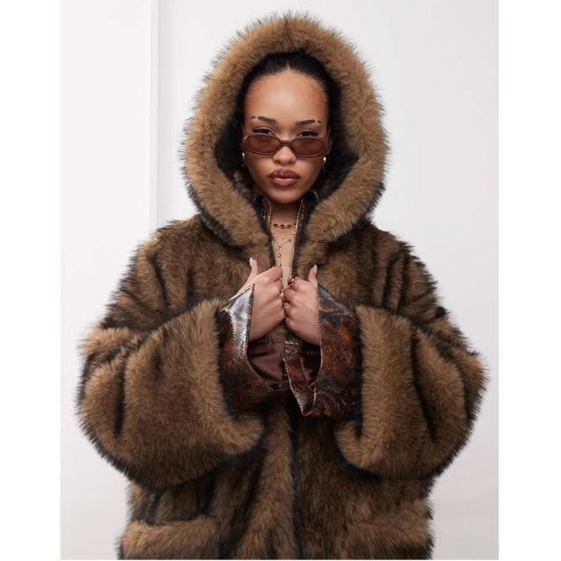 Dark Brown Faux Fur Hooded Trench Coat