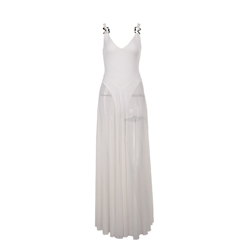 Mesh A-Line Maxi Dress | Slim Fit V-Neck Sleeveless Vacation Dress | 6 Colors