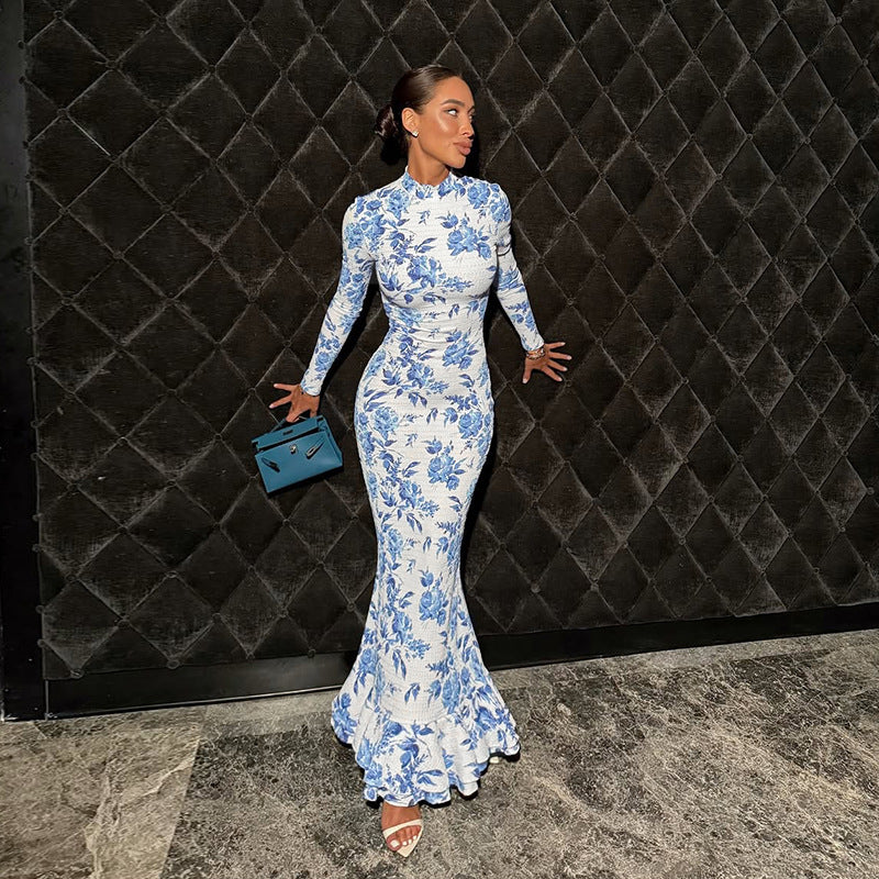 Blue & White Printed Fishtail Dress: Half Turtleneck Long Sleeve Maxi