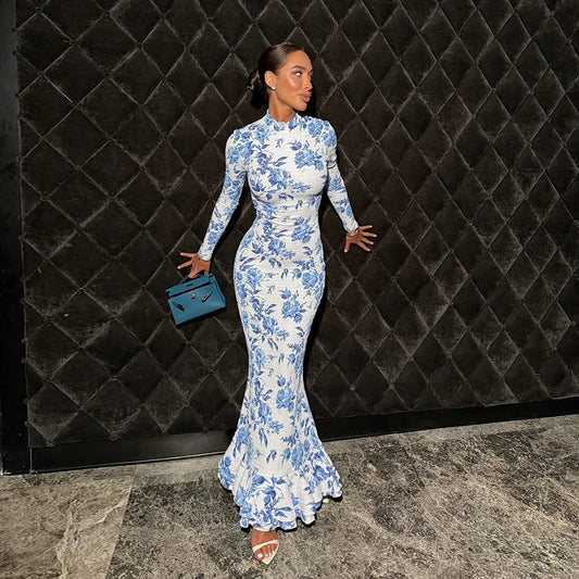 Blue & White Printed Fishtail Dress: Half Turtleneck Long Sleeve Maxi