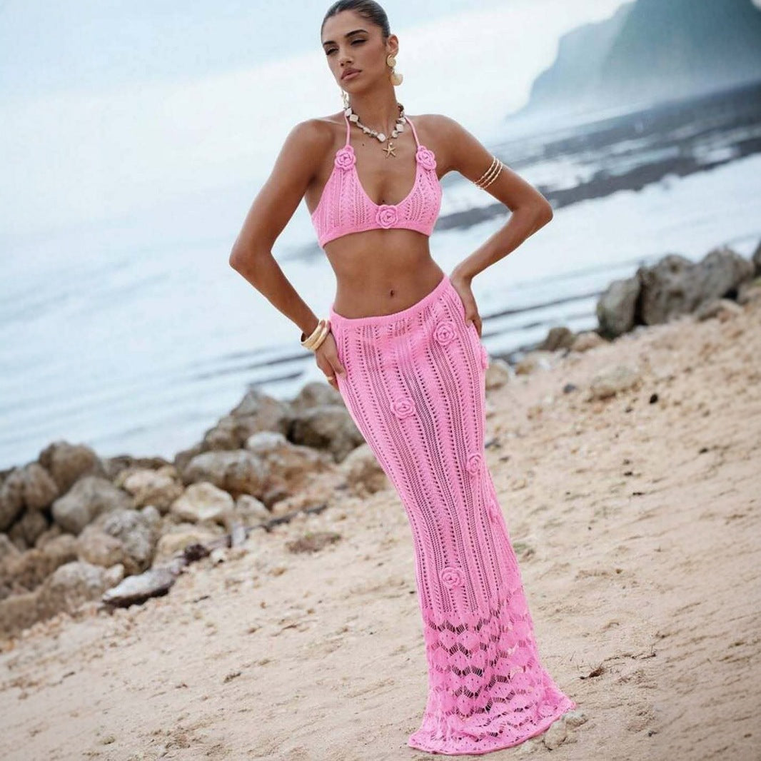 3D Floral Halter Tie Maxi Swimsuit Dress | Boho Vacation Cover-Up Swimwear | 3 Colors | Sizes S-XL