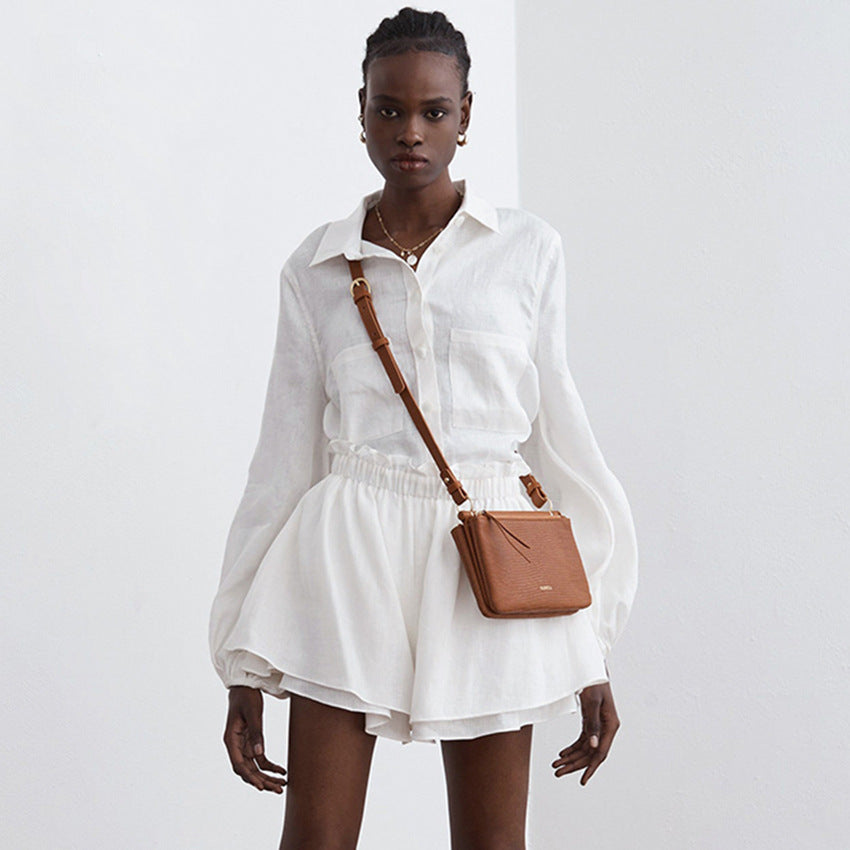 White Cotton Linen Ruffled Shorts Two-Piece Suit: Casual Summer Fashion with Long Sleeve Blouse